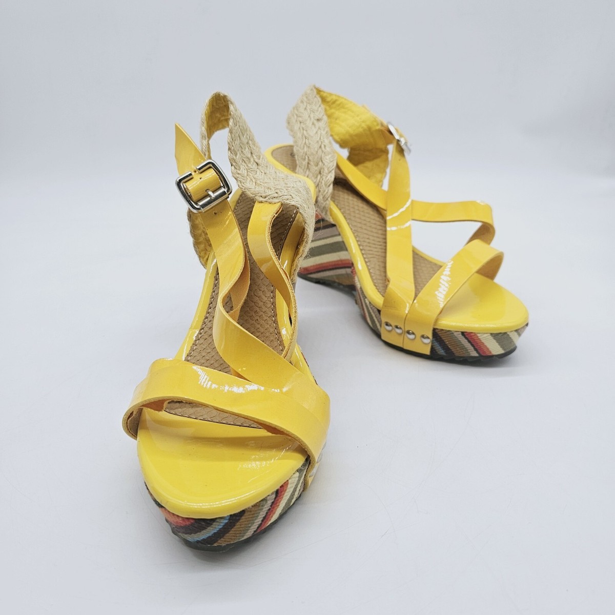 YELLO イエロー TANK DEFORMED WEDGE SANDALS Extreme Eddie Marc Yellow Platform Wedge Open Toe Slingback Shoes