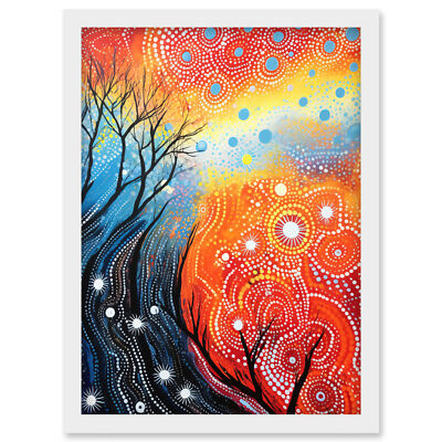 Contemporary Aboriginal Artwork in Blue and Orange Framed Wall Art Print A4
