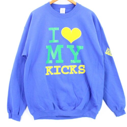 Vintage Goliath Sweatshirt Crewneck Men's Blue Embroidered I Love My Kicks Large - Afbeelding 1 van 10