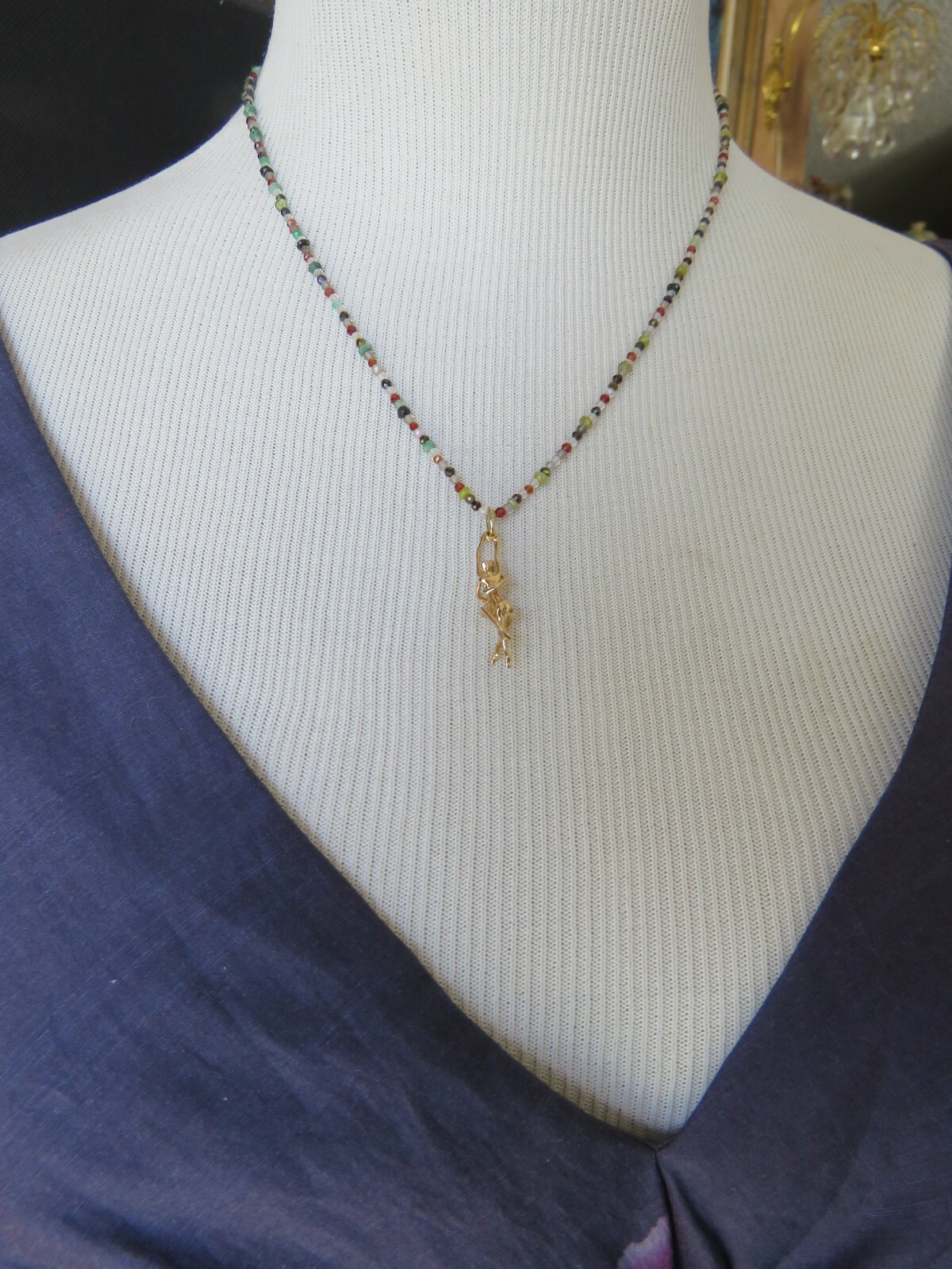 Solid 14K Yellow Gold Dancing Couple Pendant Emer… - image 1