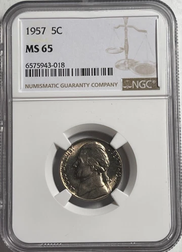 1957 Jefferson 5C NGC MS65 (#16005) Fresh holder. Decent steps.