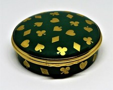 HALCYON DAYS ENGLISH ENAMEL BOX - PLAYING CARDS - ACES - GOLD CARD SUITS
