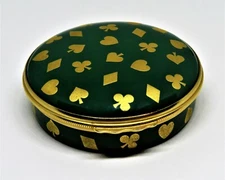 HALCYON DAYS ENGLISH ENAMEL BOX - PLAYING CARDS - ACES - GOLD CARD SUITS