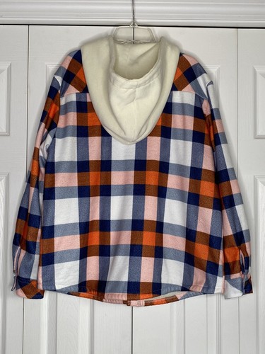 Youth Sherpa Lined Flannel Hoodie Blue Orange White Plaid Sz L - Picture 3 of 4