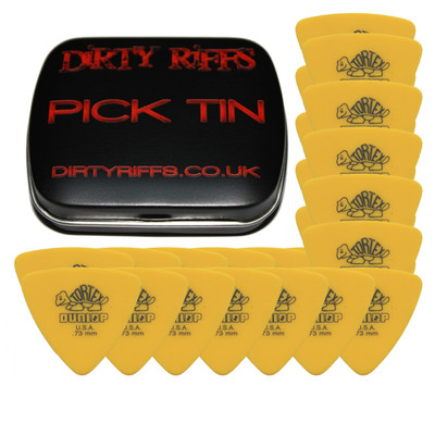 24 x Dunlop Tortex dreieckige Gitarren-Plektren - 0,73 mm gelb in einer Plektrum-Dose