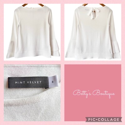 NEUWERTIGER SAMT Pullover mit Schleife - Größe 8 - weiß Wollmischung ausgestellte Ärmel Boho Pullover