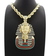 Hip Hop Iced Pharaoh King Tut Large Gold PT Pendant 8mm 24" Rope Chain Necklace