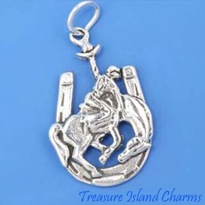 Cowboy on Bucking Bronco Horse in Horseshoe 925 Sterling Silver Charm Pendant