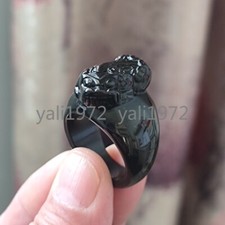 Certified Grade A Black Natural Burma Jade jadeite Hand-carved PiXiu Ring 12