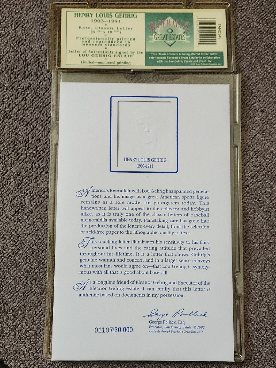 Henry Louis Gehrig Rare, Classic Letter Print. Reproduced to