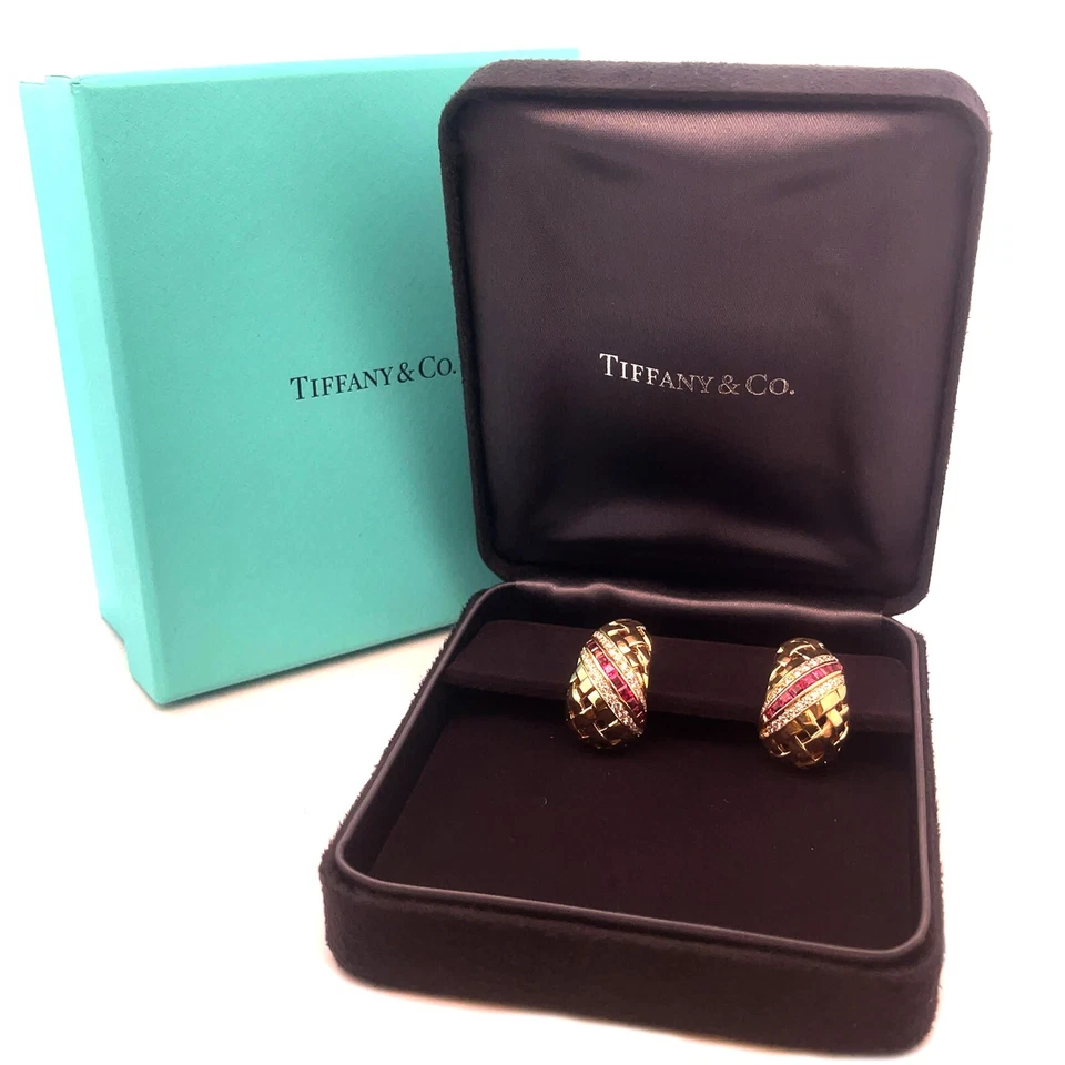 Tiffany & Co. Vannerie Gold Earrings Ruby Diamond 18k Yellow Huggie - Image 3 of 4