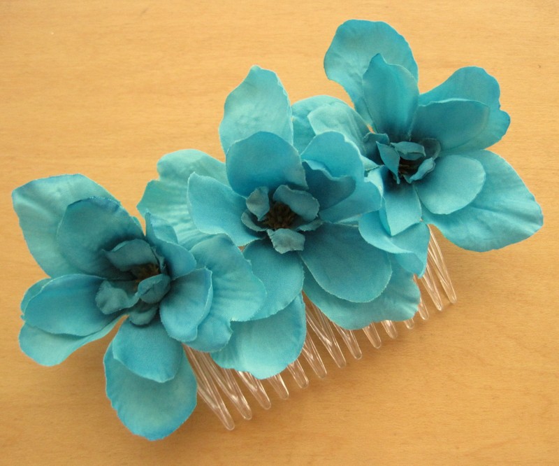 Triple Turquoise Apple Blossom  Silk Flowers  Hair Comb, Wedding,Dance,Prom  