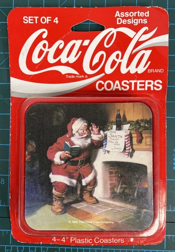 Vintage 1992 Coca-Cola Santa Claus Coasters Set of 4 Plastic Christmas USA Made
