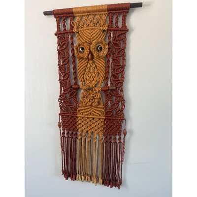 Vintage 70s Macrame Owl Wall Hanging Boho Fiber Art Terracotta Mustard Rust