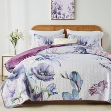 King Size Quilt Set, Elegant Floral Botanical Pattern Purple Bedding Set,3 Pi...