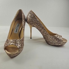 Jimmy Choo Gold Champagne Glitter Peep Toe Platform Pumps Heels EU 35.5 US 5.5