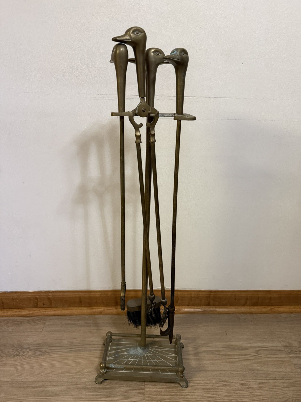 Vintage MCM Brass Mallard Duck Head Fireplace Tool Set 4 Tools & Stand