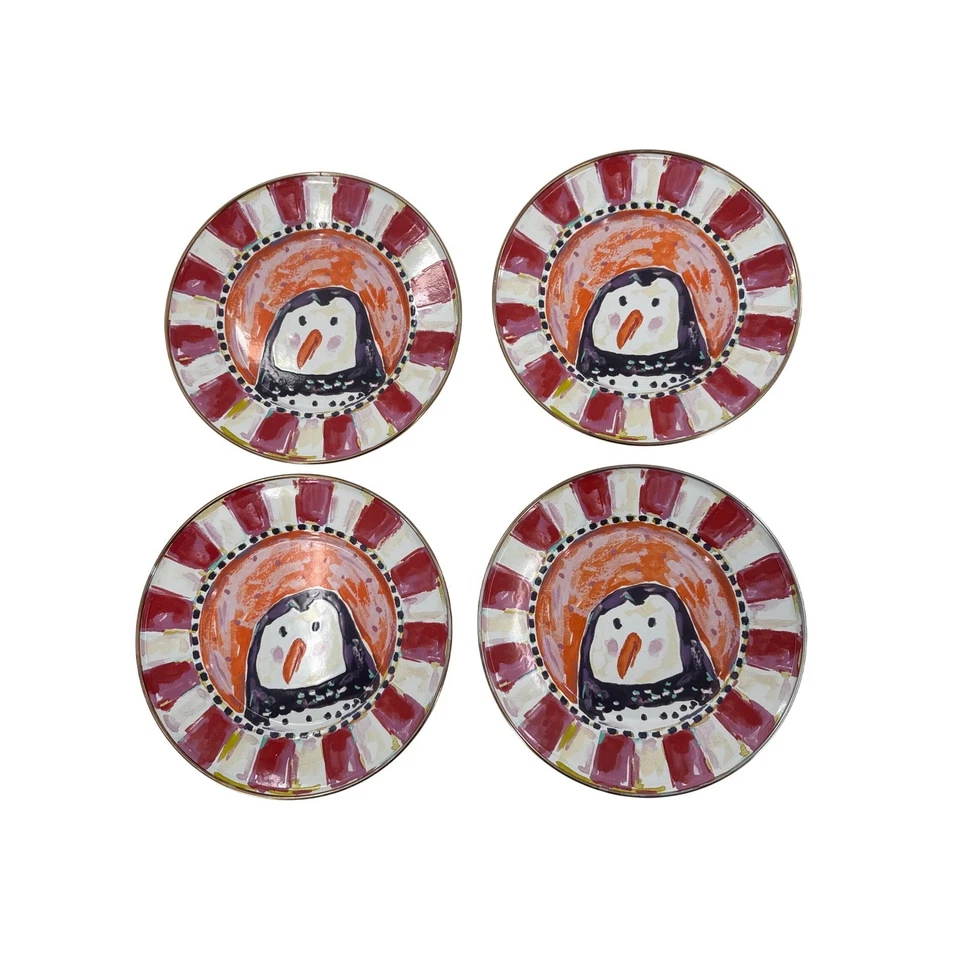 Mackenzie Childs Set 4 Platos 3 Tazas Pingüino Muñeco de Nieve Invierno Vacaciones Festivo 8" Foto 3 de 4