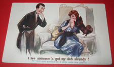 Old unsigned FRED SPURGIN Comic PEKINGESE DOG LICKS LADY'S FACE GOT MY JOB