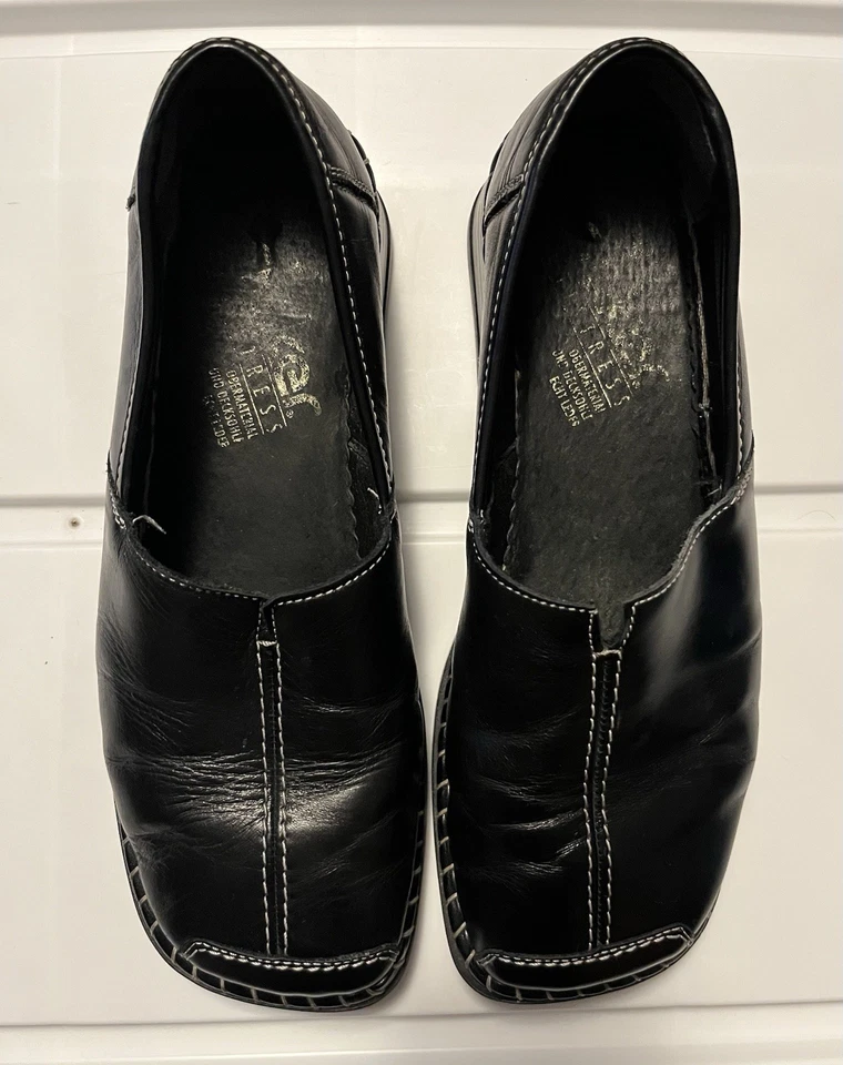 Mocasín Rieker cómodo de cuero negro con puntera cuadrada sin cordones para mujer talla 6 EE. UU. Foto 2 de 4