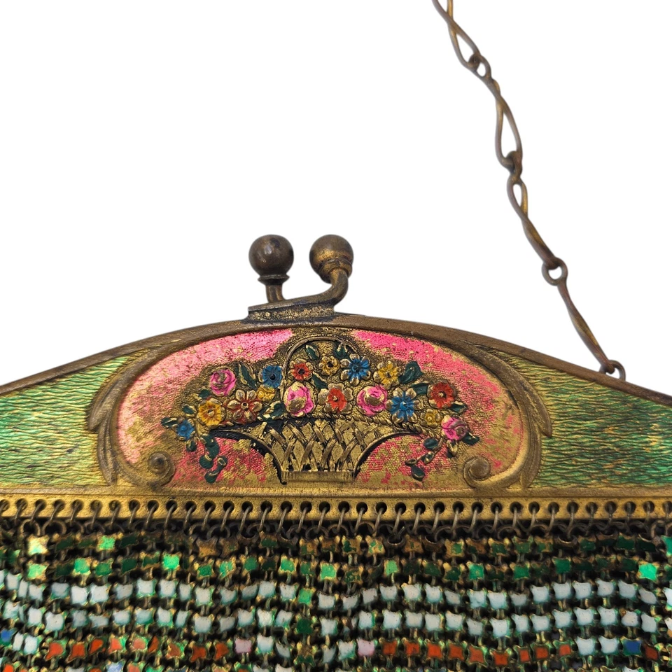 Antique Whiting Davis Mesh Metal Purse Flapper Bag 1920s  Green Abstract Art - Image 4 of 4