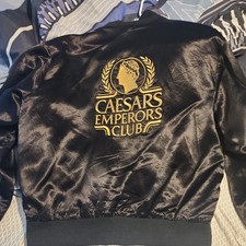Vintage 80s Mens Black Caesars Palace Emperors Club Black Satin Jacket Sz XL