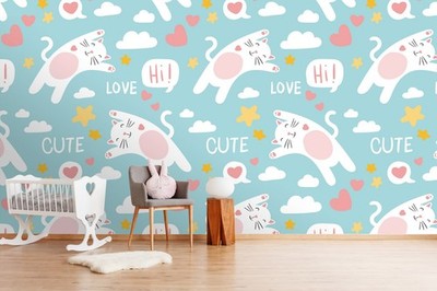 3D Cartoon Cat Heart Cloud Pattern Wall Murals Wallpaper Murals Wall Sticker