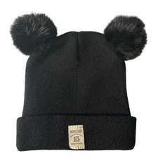 Moonlight Kids Black Pom Pom Beanie Hat Cute Bear Ears Winter Warm Knit Cap