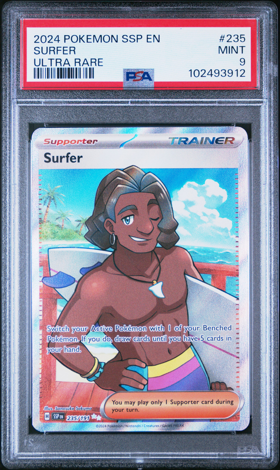2024 POKEMON SSP EN-SURGING SPARKS ULTRA RARE #235 SURFER PSA 9