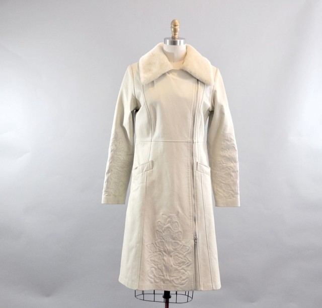 White Leather Long Coat with Faux Fur Collar. Embroidered White Leather