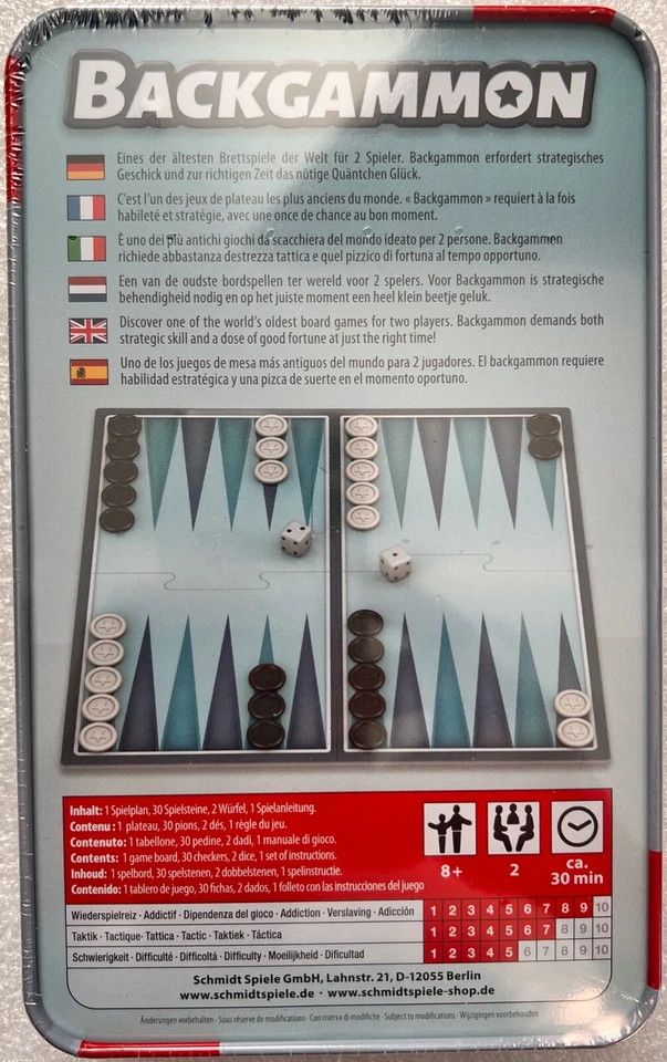 Backgammon Metalldose Schmidt Spiele Legespiel Logikspiel Reisespiel 51445 Neu - Bild 2 von 4