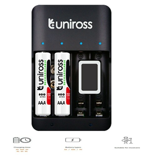UNiROSS COMPACT CHARGER FOR AA & AAA & PP3 9v RECHARGEABLE BATTERIES