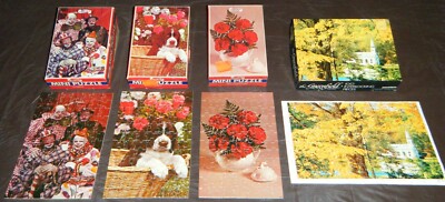 4 Vintage Jigsaw Lot:3 Fairchild Mini Puzzles Clowns/Puppy/Red Carnations+1 More