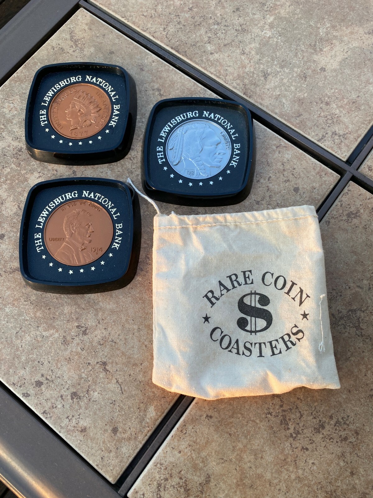 Vintage Rare Coin Coasters Plastic Nickel/Pennies Lewisburg National