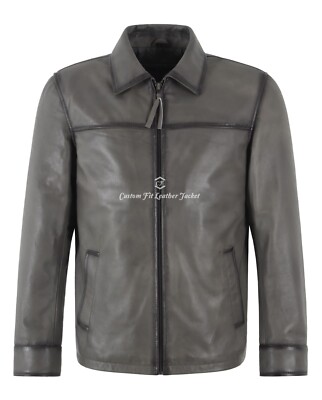 Herren Klassisch Kragen Stil Anthrazit Grau Gewaschen Leger Lammleder Leder Jacke