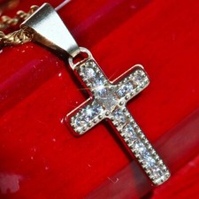 10k yellow gold pendant 0.36ct white sapphire 0.85" cross vintage handmade 0.4gr