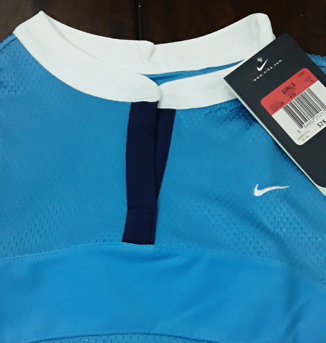 Nike Dri Fit girls sz. L white & Blue SPLIT V- neck logo tee. NIP