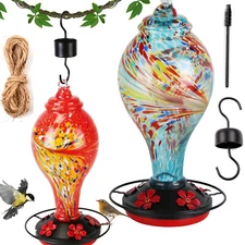 33OZ Hand Blown Glass Hummingbird Feeder with 5 Flower Feeding Port Hanging Hook