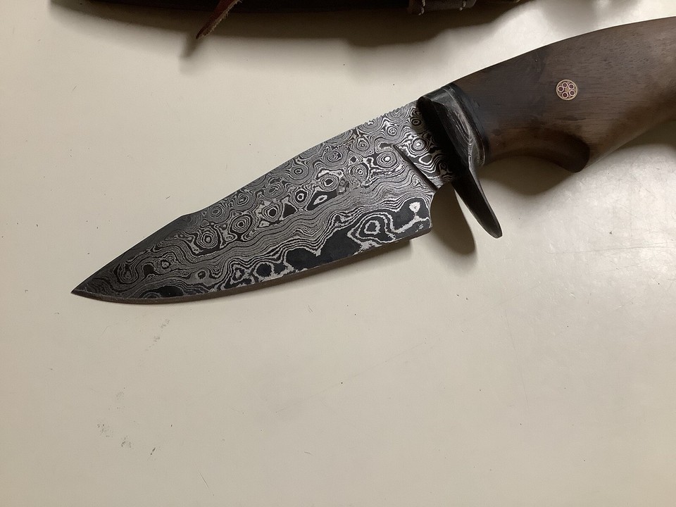 Bobcat Custom Knives Damascus Fix Blade Knife Wood Handle Leather