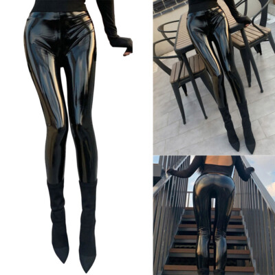 DE Damen Hochglanz Lack Leather Wet Look Leggings Glänzend Lange Hose Clubwear