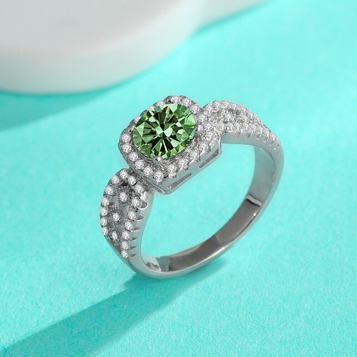 Green Blue D Color Moissanite Square Halo Wedding Ring Women 925 Sterling Silver - Foto 1 di 13