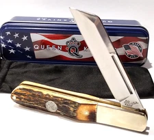 Queen USA 4" Brown Burnt Stag Bone Barlow Slipjoint Folding Pocket Knife QGSH180