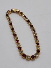 Beautiful Vintage 7" Bracelet Unsigned Goldtone Rhinestones Red Clear 1970-1980