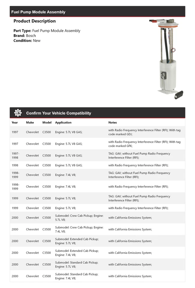 Conjunto de módulo de bomba de combustible Bosch 1998 1999 para Chevrolet C3500 1997-2000 Foto 2 de 4