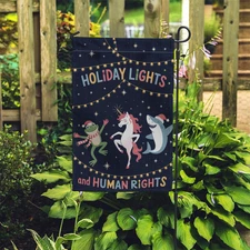 Holiday Lights and Human Rights Garden Flag – Festive Frog, Unicorn & Shark