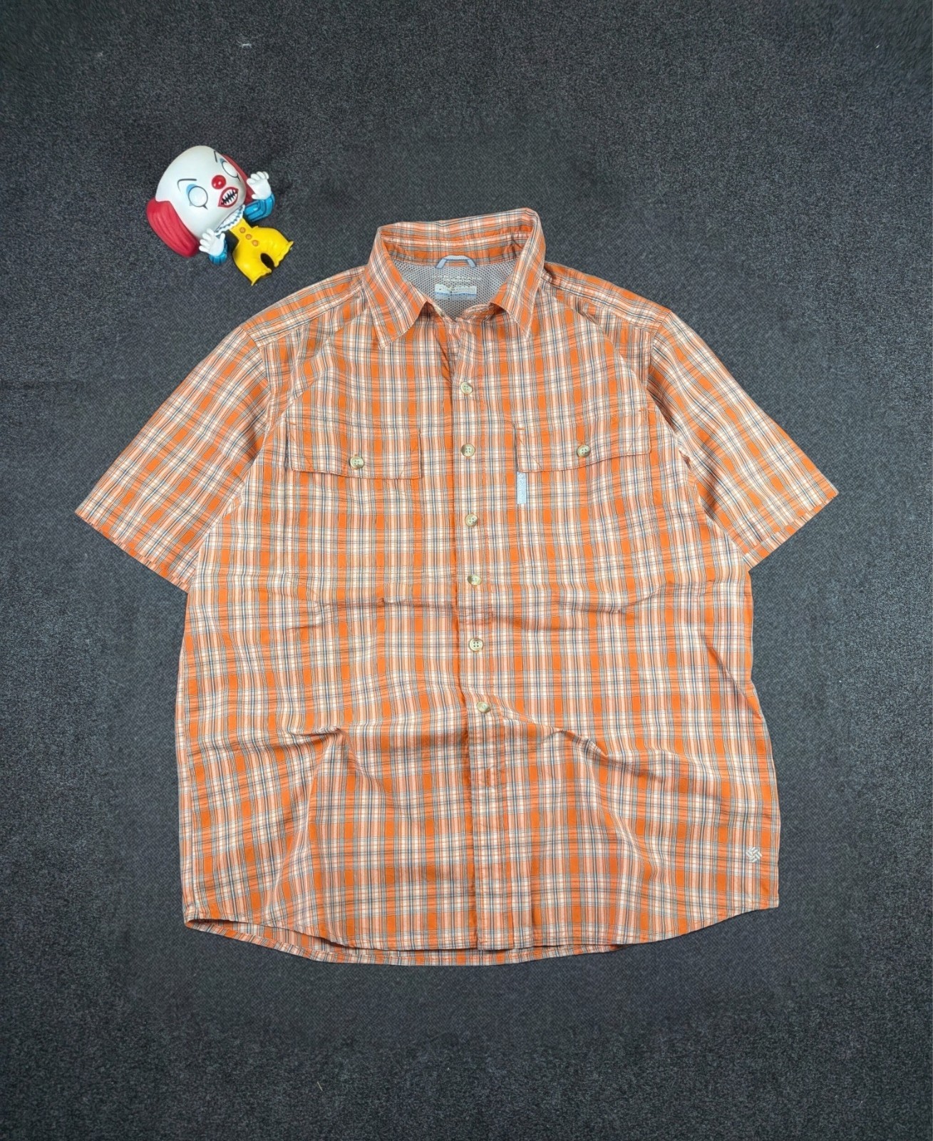 Camicia a maniche corte, della columbia, a quadri arancione, grigio e bianco M