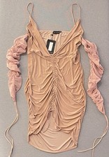 🔥 PrettyLittleThing Blush Mesh Ruched Dress 💕 Off Shoulder Bodycon Mini