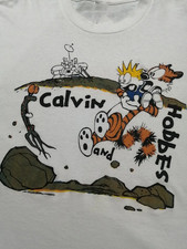 Calvin And Hobbes Funny Cartoon White Cotton T Shirt Size S-5XL