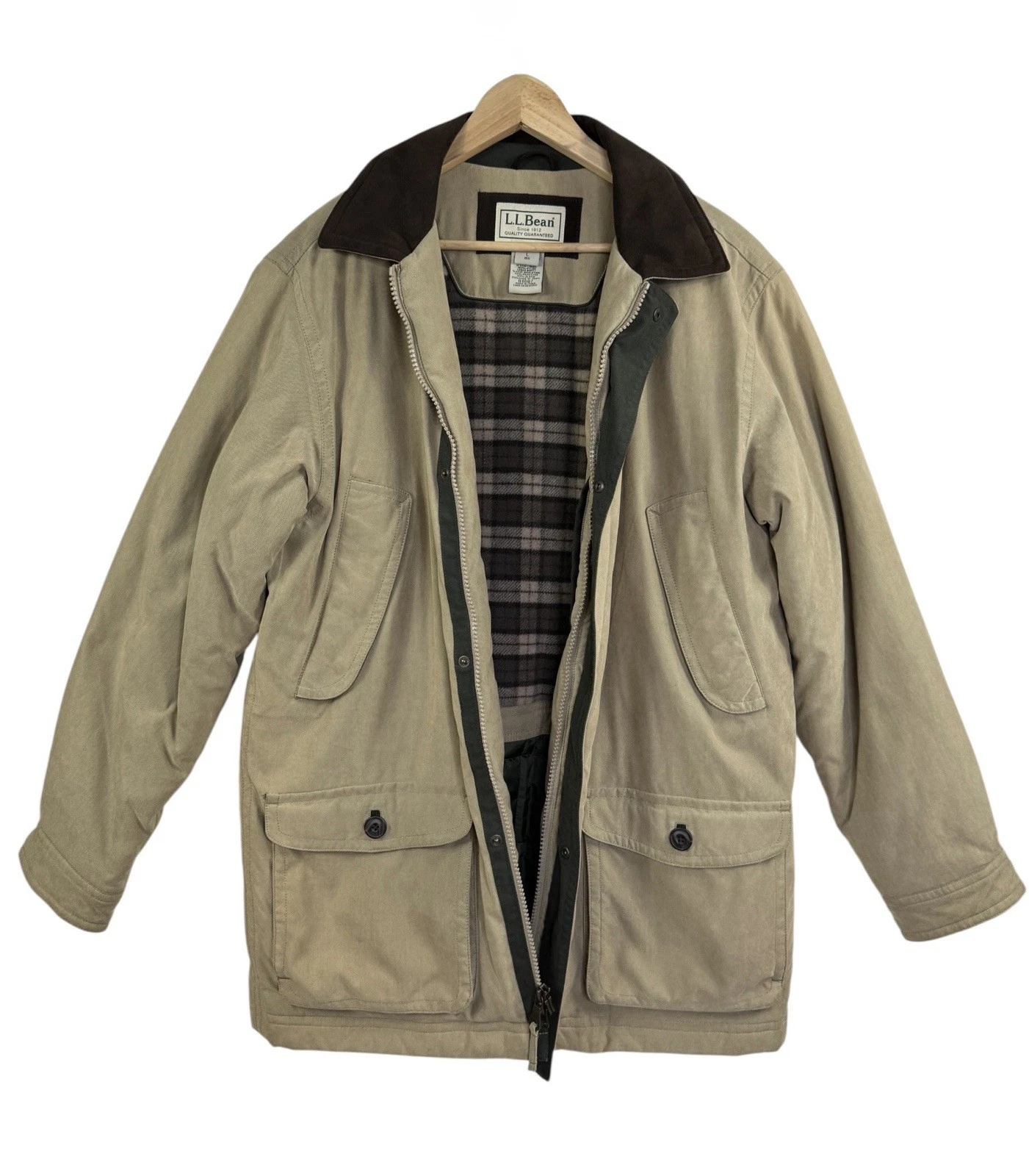 LL Bean Men's Canvas Field Jacket Flannel & Quilted, Thinsulate Insulation Sz L