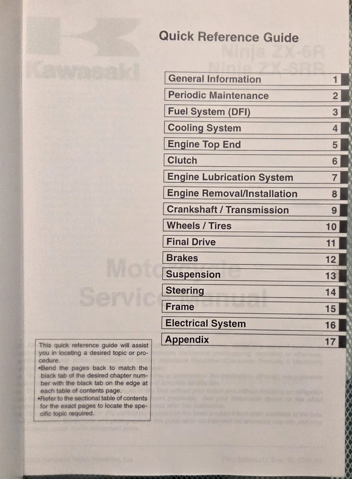 Manual de reparación de servicio OEM Kawasaki Ninja ZX6R ZR6RR 2003 2004 P/N 99924-1311-03 Foto 2 de 4